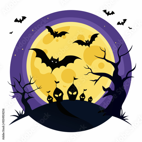 Spooky halloween full moon with bats vector illustration