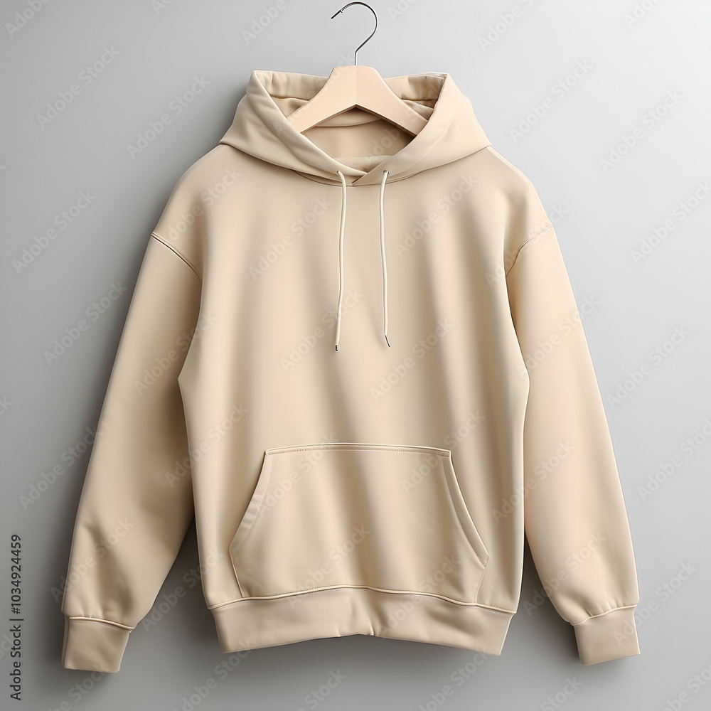 A beige hoodie hanging on a wooden hanger against a neutral background. A beige hoodie hanging on a wooden hanger against a neutral background.