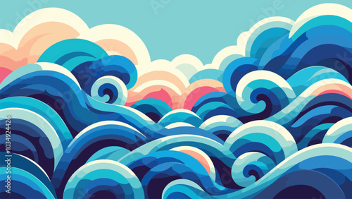 Illustration of flat style sea waves with a combination of blue variations