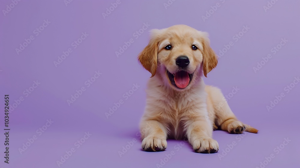 A happy adorable golden retriever puppy resting against a monochromatic pastel purple backdrop A happy adorable golden retriever puppy resting against a monochromatic pastel purple backdrop