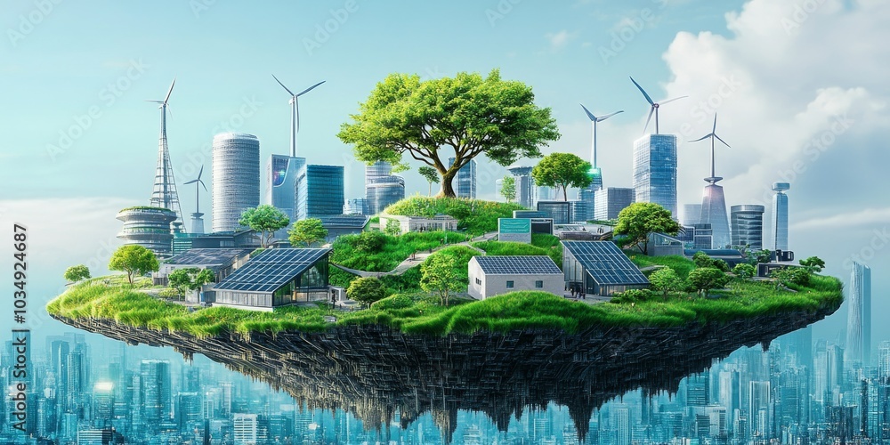 Obraz premium A futuristic city blends nature and technology. Businesses are eco-friendly, with solar panels, wind turbines, and electric cars. Bonsai trees add a touch of green in this modern setting.