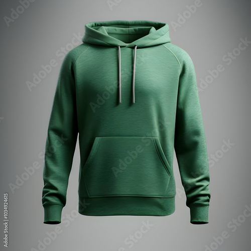 A green hoodie displayed against a neutral background, showcasing casual apparel design.