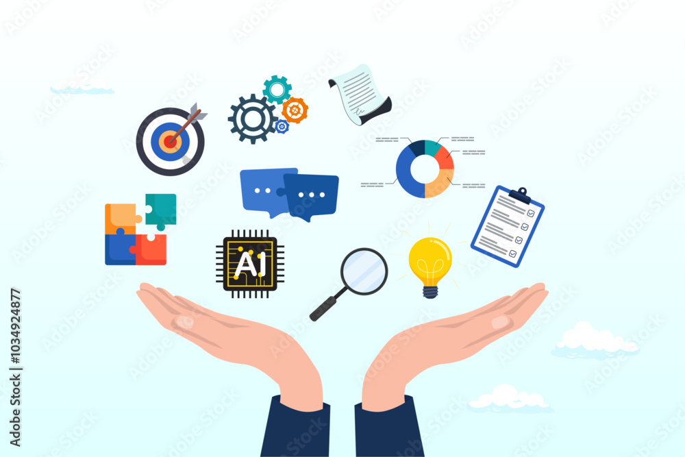 Skill, work experience or ability development, expertise success, leadership or communication to success, learning skills, wisdom concept, businessman hand hold multiple skills set to achieve success Skill, work experience or ability development, expertise success, leadership or communication to success, learning skills, wisdom concept, businessman hand hold multiple skills set to achieve success