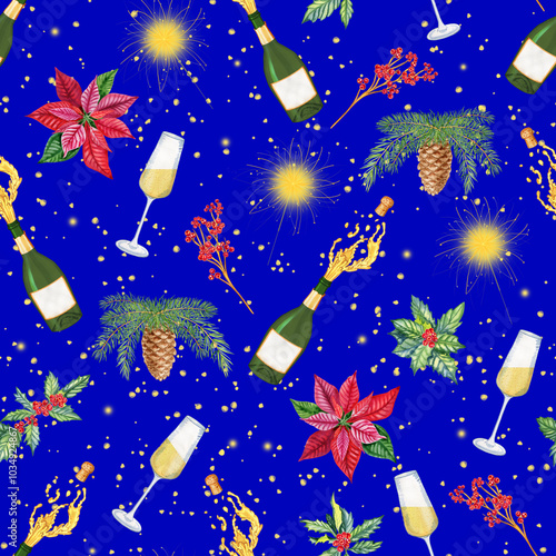 Champagne bottle and glass watercolor new year seamless pattern. Red poinsettia and pine branches endless christmas background. Print for fabric and wrapping paper.