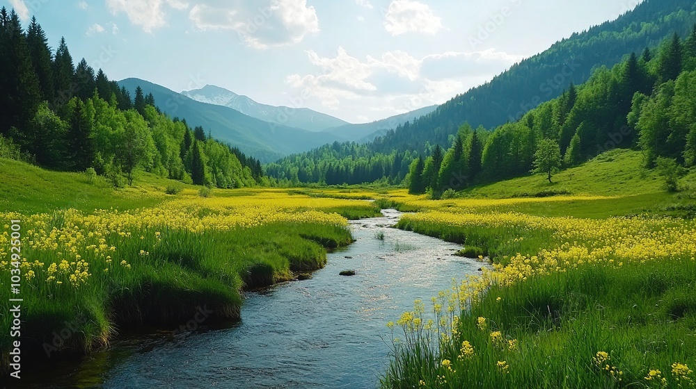 Scenic River Flowing Through Lush Green Valley Scenic River Flowing Through Lush Green Valley