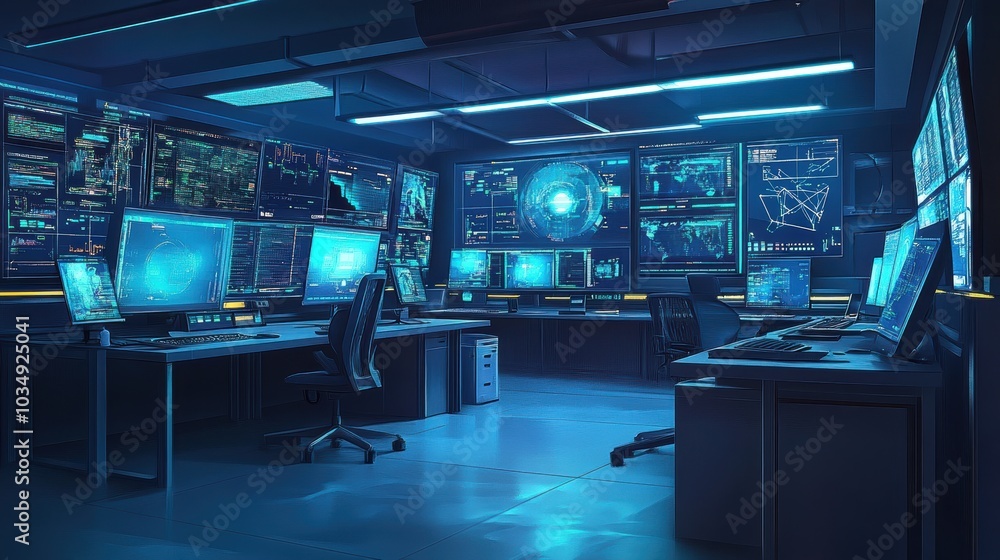 A cybersecurity command center with multiple holographic screens showing real-time threat analysis and encrypted data streams A cybersecurity command center with multiple holographic screens showing real-time threat analysis and encrypted data streams