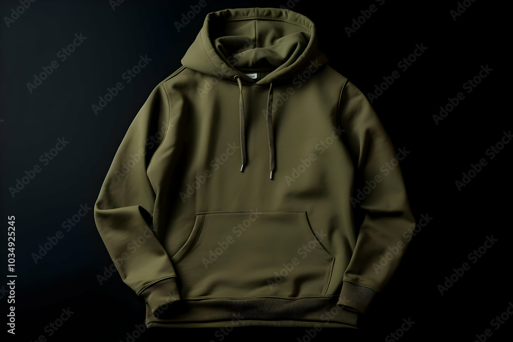 A plain olive green hoodie displayed against a dark background, showcasing its casual style. A plain olive green hoodie displayed against a dark background, showcasing its casual style.