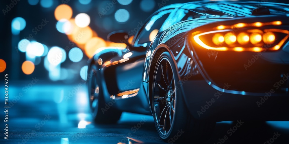 A sleek car appears in a dark, modern setting with bright lights. The focus is close-up on the car, against a plain background with a bluish glow. A sleek car appears in a dark, modern setting with bright lights. The focus is close-up on the car, against a plain background with a bluish glow.
