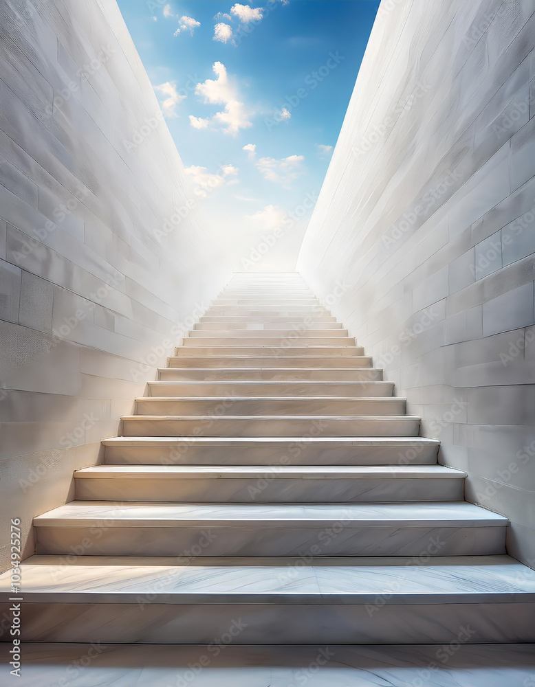 Fototapeta premium Long stairway is leading to a bright blue sky with clouds, representing hope, success, motivation and a positive future