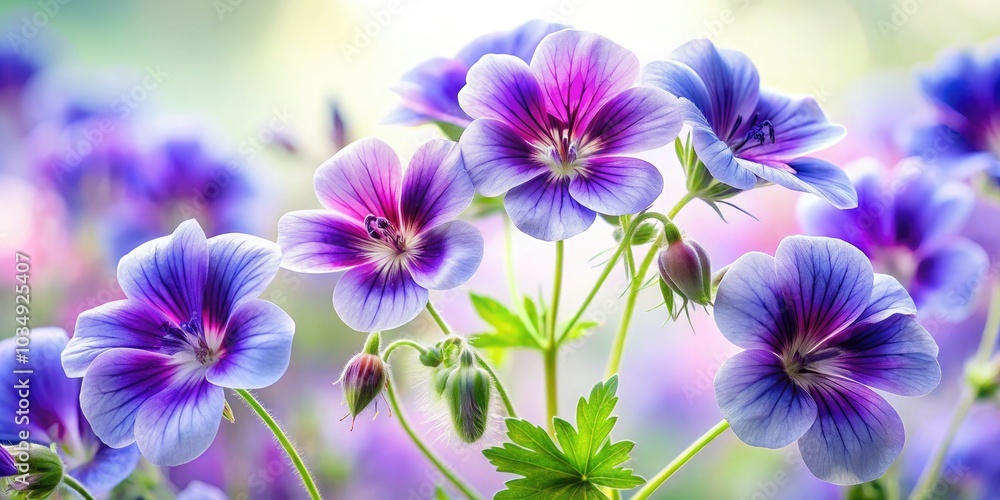 Beautiful Tilt-Shift Photography of Purple and Blue Geranium Flowers in Watercolor Style on White Background for Nature Lovers and Floral Enthusiasts Beautiful Tilt-Shift Photography of Purple and Blue Geranium Flowers in Watercolor Style on White Background for Nature Lovers and Floral Enthusiasts
