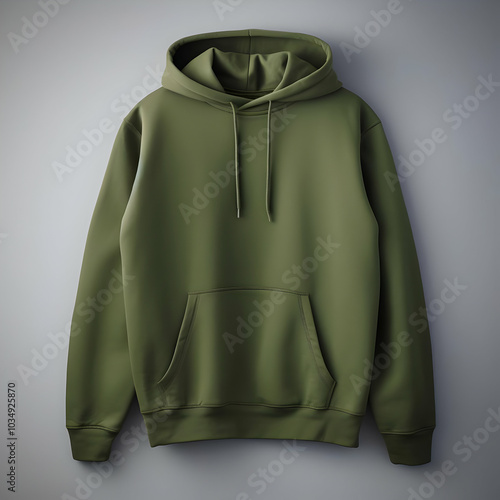 A plain olive green hoodie displayed against a simple background for fashion presentation.