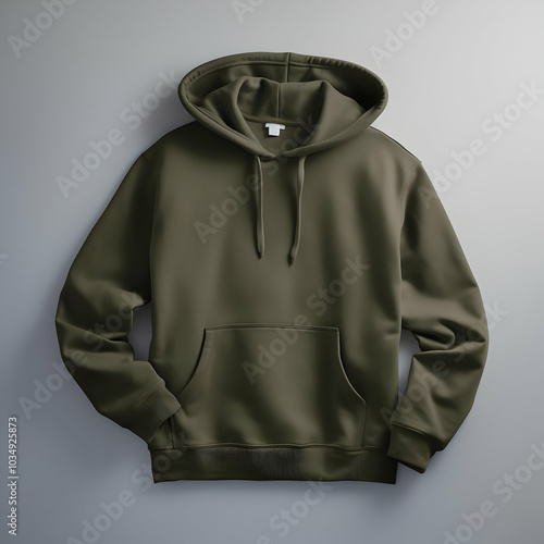 A plain olive green hoodie displayed on a neutral background.