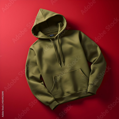 A plain olive green hoodie on a red background, showcasing casual apparel.