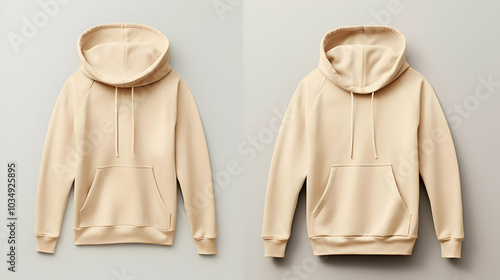 Two beige hoodies displayed against a neutral background, showcasing design and color.