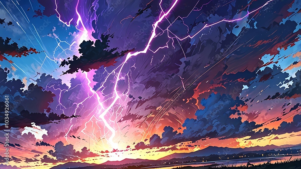 Fototapeta premium A amazing lightning storm in the night sky in anime style