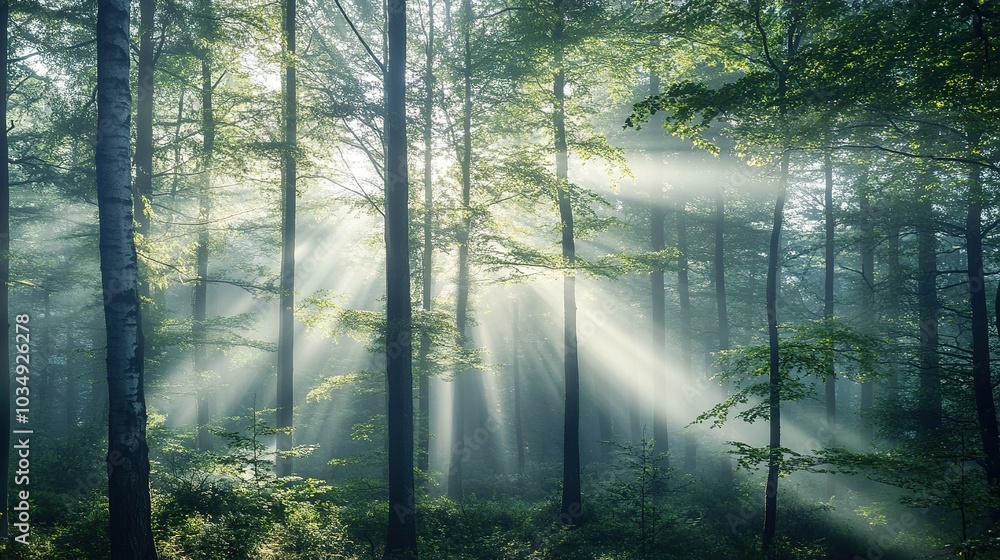Fototapeta premium Sunlight Streaming Through Misty Forest Trees