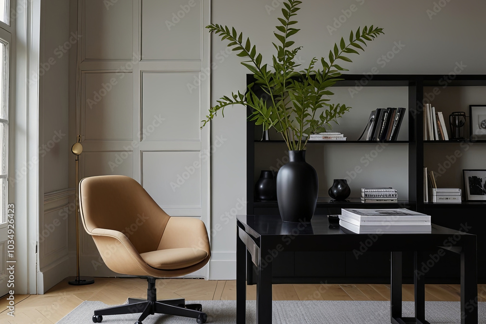Modern Minimalist Home Office with a Stylish Design Chair and Artistic Accents Modern Minimalist Home Office with a Stylish Design Chair and Artistic Accents