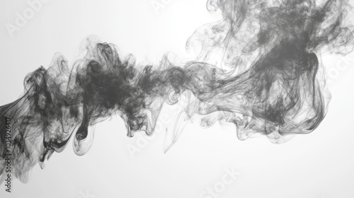 Mystical fog swirls in a symphony of dark and light, the smoke creating fluid, abstract shapes on a plain, minimal background.