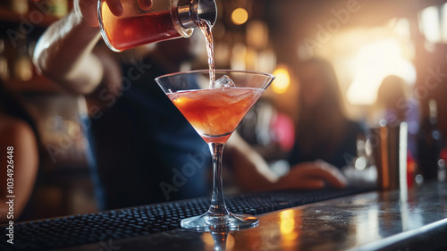 Bartender pouring a freshly mixed cocktail into a martini glass at an upscale bar, with ambient lighting and patrons in the background. Ai generated