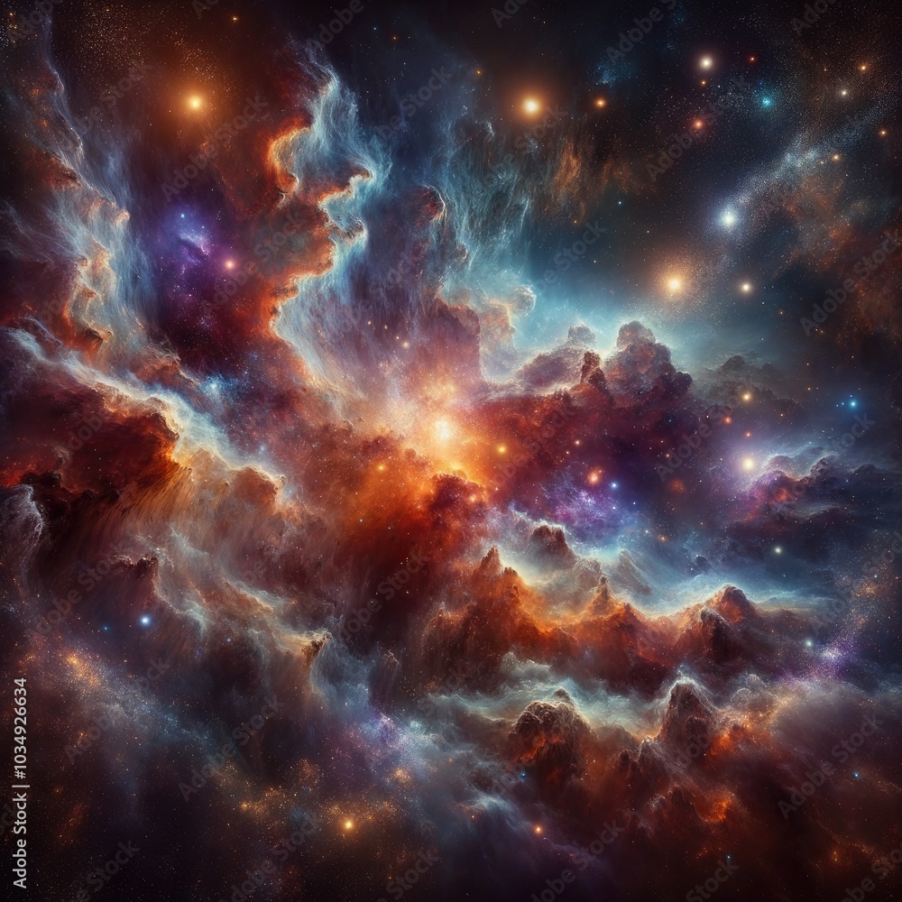 Fototapeta premium Cosmic Nebula: A Realistic Depiction of a Vast Celestial Scene with Vibrant Gas Clouds, Swirling Textures, and Radiant Stars Illuminating the Depths of Space