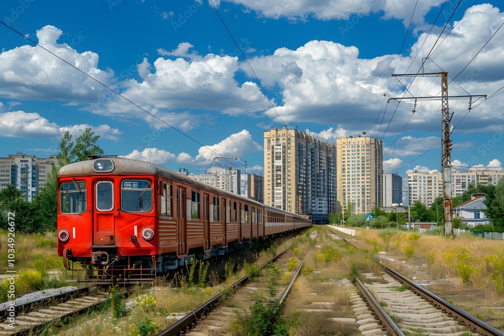 Obraz premium Urban Train Journey: A Scenic View of a Red Train Against a Backdrop of Modern Buildings and Blue Skies