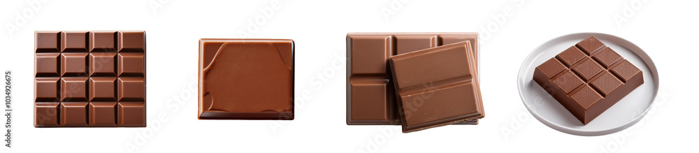 Assorted chocolate bars on white isolate background, showcasing different cuts and textures. Assorted chocolate bars on white isolate background, showcasing different cuts and textures.