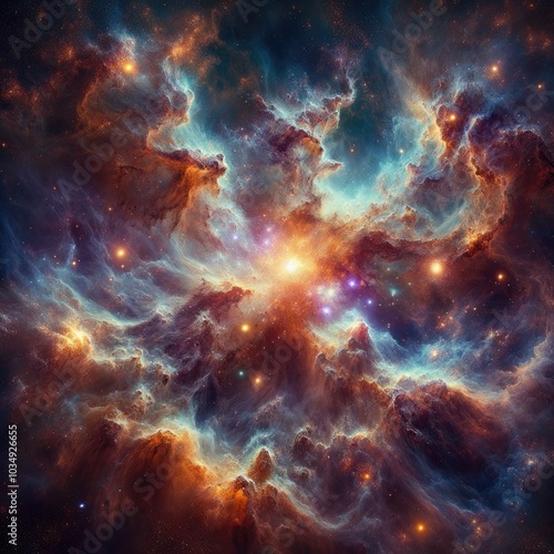 Cosmic Nebula: A Realistic Depiction of a Vast Celestial Scene with Vibrant Gas Clouds, Swirling Textures, and Radiant Stars Illuminating the Depths of Space