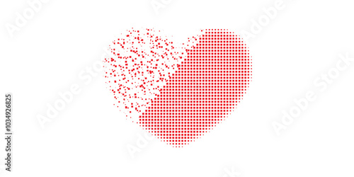 Dust dot love heart icon with halftone version. Vector destruction effect for love heart pictogram. Pixelated integration effect for love heart reproduces speed of cyberspace abstractions.