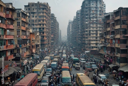 A densely packed city skyline with high-rise buildings almost touching each other photo