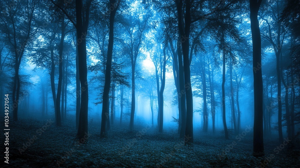 Obraz premium Mystical Forest in Blue Fog with Tall Trees