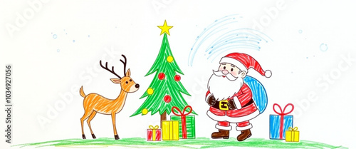 kid drawing cute cartoon Santa Claus with reindeer and grungemas tree on merry Christmas