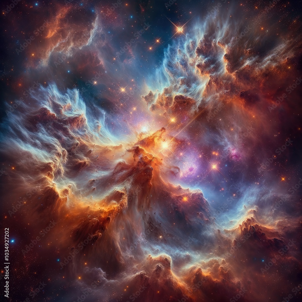 Cosmic Nebula: A Realistic Depiction of a Vast Celestial Scene with Vibrant Gas Clouds, Swirling Textures, and Radiant Stars Illuminating the Depths of Space Cosmic Nebula: A Realistic Depiction of a Vast Celestial Scene with Vibrant Gas Clouds, Swirling Textures, and Radiant Stars Illuminating the Depths of Space