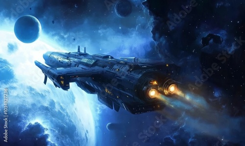 Fototapeta Naklejka Na Ścianę i Meble -  Spaceship flying through nebulous space.