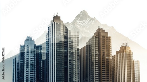 A double exposure image blending modern skyscrapers with towering mountains, symbolizing the intersection of urban development and natural landscapes.