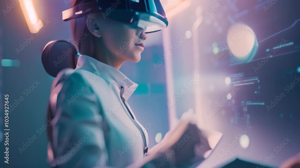 Woman Wearing Virtual Reality Headset, An individual using a virtual reality interface to interact with a holographic blockchain Woman Wearing Virtual Reality Headset, An individual using a virtual reality interface to interact with a holographic blockchain