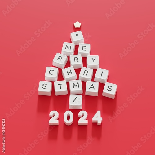 Christmas Tree Symbol made by White Computer keys cap on Red color background. Minimal Happy new years idea concept flat lay. 3D Rendering
