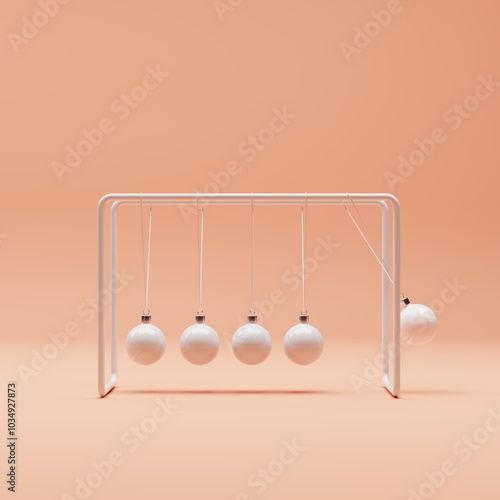 Outstanding Pink color Ornament ball Swinging pendulum Newton Balls on pink studio background. 3D Rendering. Minimal Christmas idea concept.