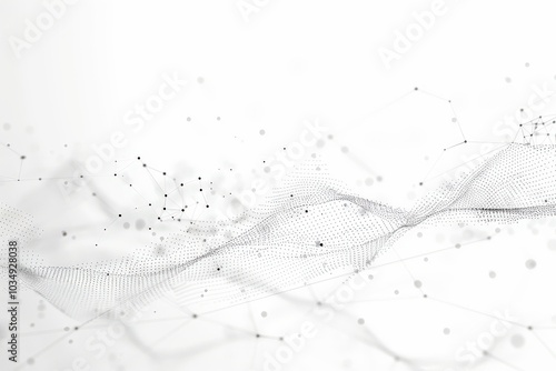 Abstract white background with connected dots and lines forming a wavy pattern.