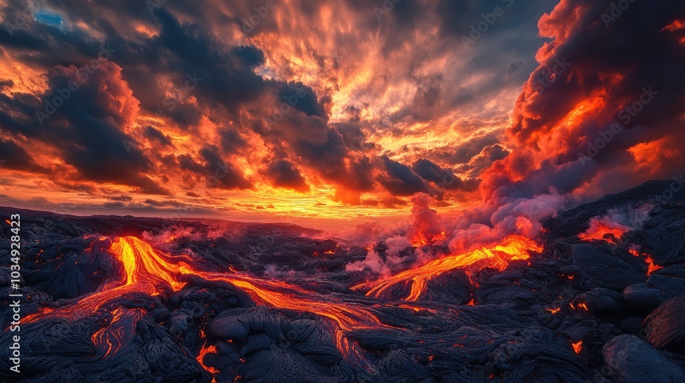 A stunning volcanic scene features flowing lava and dramatic clouds all highlighted by a vibrant sunset A stunning volcanic scene features flowing lava and dramatic clouds all highlighted by a vibrant sunset