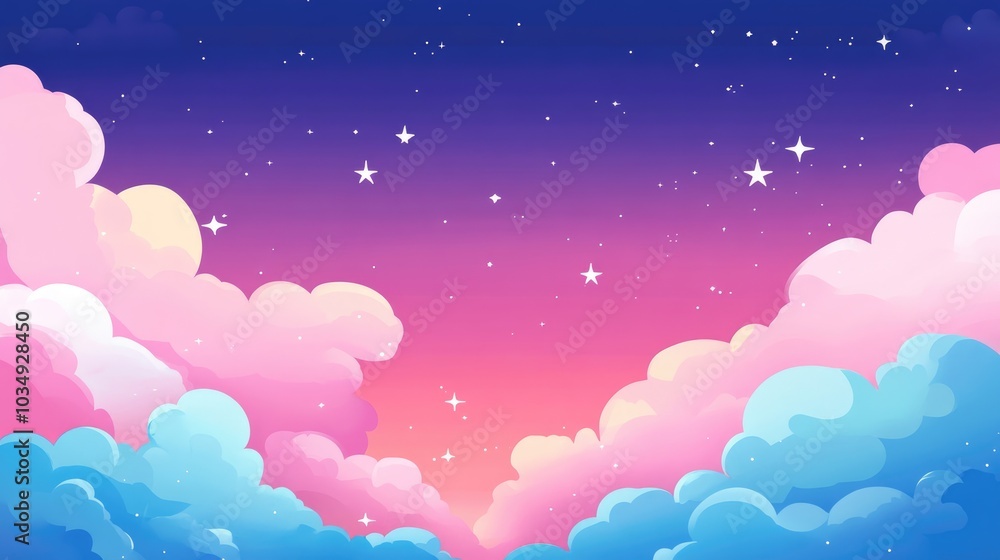 Adorable pink and blue clouds adorned with white stars set against a vibrant sky Adorable pink and blue clouds adorned with white stars set against a vibrant sky