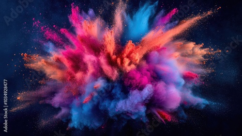 Vibrant explosion of colorful particles Celebration of hues Isolated powder burst on a dark background Paint splatters and clouds Textured chalk dispersing in an energetic display