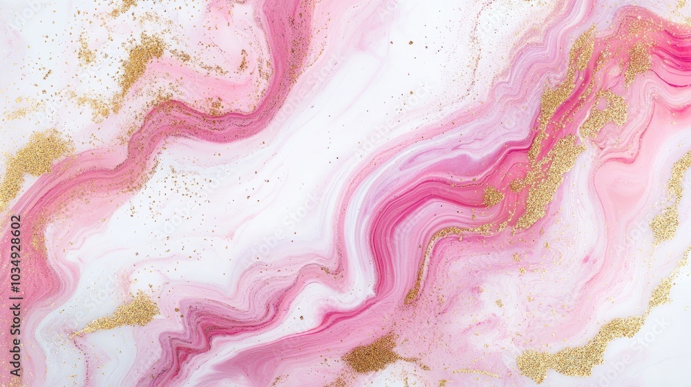 Abstract background featuring a white marble texture adorned with gold glitter and pink veins showcasing a painted artificial marbled surface in a pastel marbling style Abstract background featuring a white marble texture adorned with gold glitter and pink veins showcasing a painted artificial marbled surface in a pastel marbling style