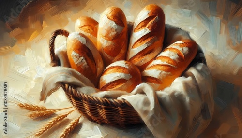 A macro view of freshly baked bread loaves in a basket with a traditional linen cloth. The image should be in an oil painting style with golden brown and ivory colors and thick, messy paint strokes. photo