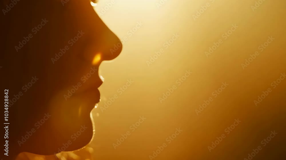 Silhouetted profile of woman against golden sunrise background Silhouetted profile of woman against golden sunrise background