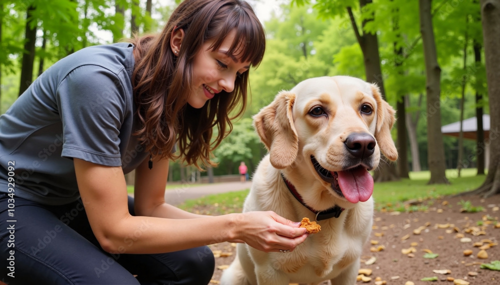 Woman training Labrador Retriever with treats in park Woman training Labrador Retriever with treats in park
