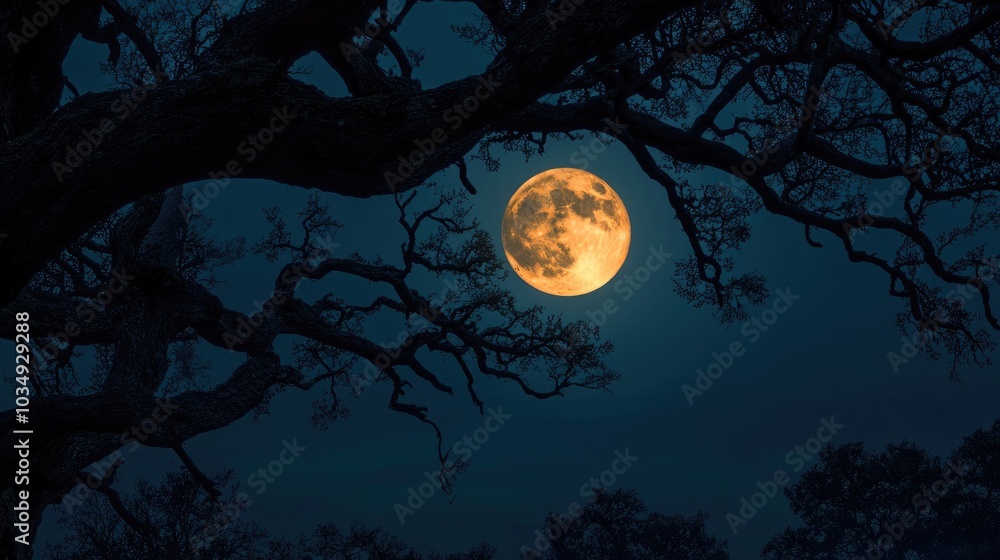 Full Moon Ascending Behind Dark Silhouetted Tree Branches at Night Full Moon Ascending Behind Dark Silhouetted Tree Branches at Night