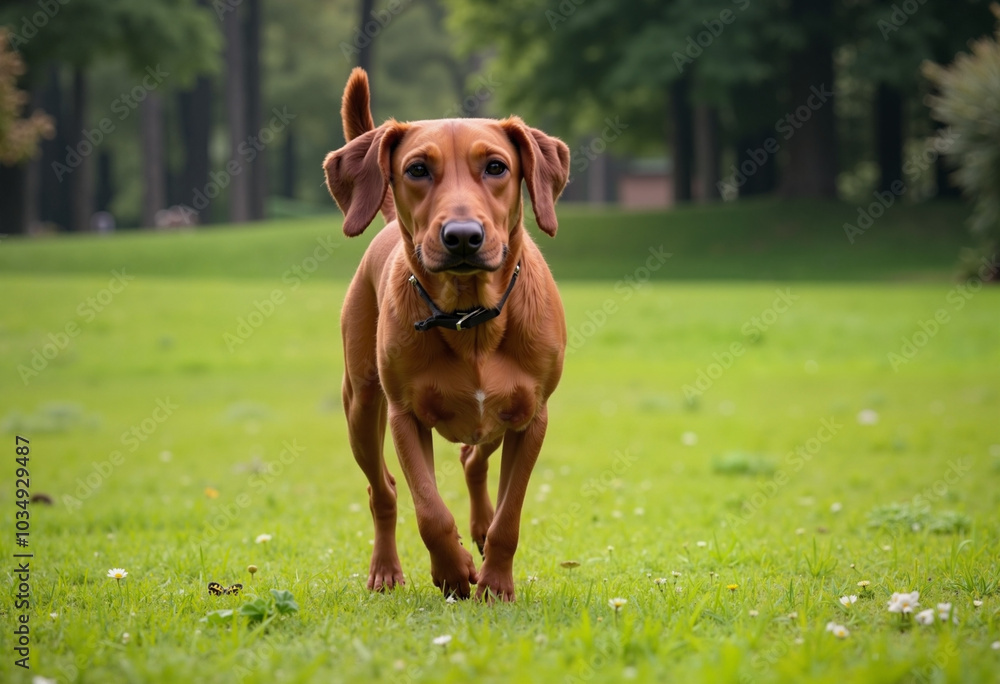Title: Brown dog walking on green grass in park Title: Brown dog walking on green grass in park