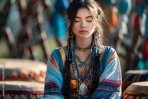 Wallpaper Mural Serene Beauty in Traditional Attire Surrounded by Cultural Elements Torontodigital.ca