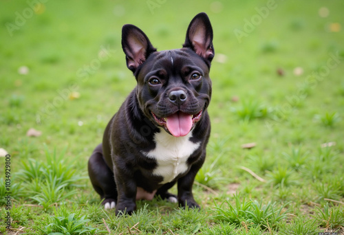 Black and white French Bulldog sitting on grassy field