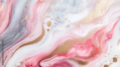 Abstract background featuring a white marble texture adorned with gold glitter and pink veins showcasing a painted artificial marbled surface in a pastel marbling style